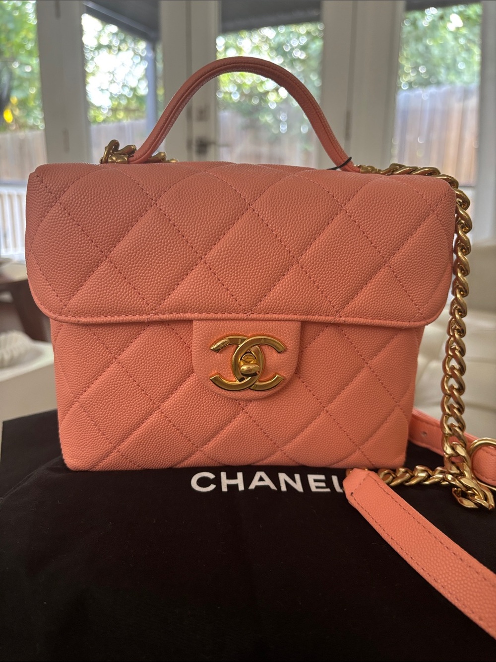 CHANEL Coral Pink Quilted Mini Top Handle Bag with Gold Hardware